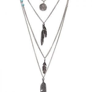 Artificial Turquoise Feather Layered Pendant Necklace