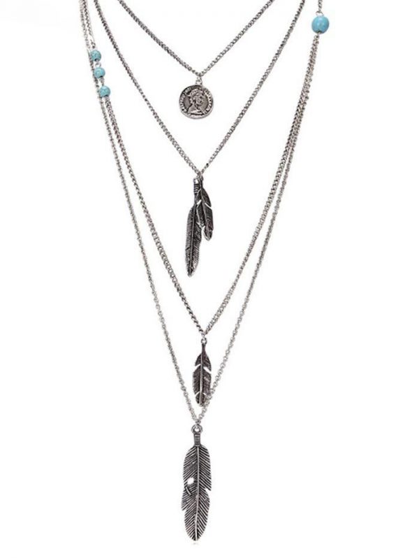 Artificial Turquoise Feather Layered Pendant Necklace