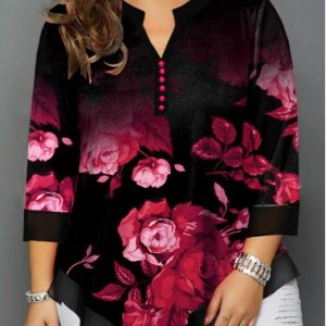 Asymmetric Hem Flower Print Plus Size Blouse - 0X