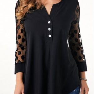 Asymmetric Hem Lace Panel Button Detail Blouse - XL