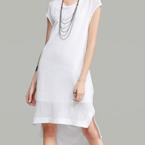 Asymmetric Short Sleeve High Low Plain Simple Midi Dress