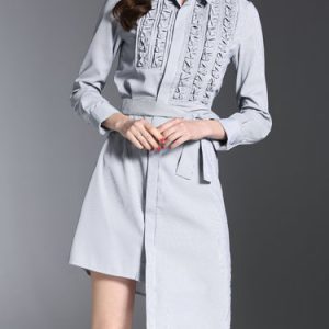 Asymmetrical Appliqued Casual Stripes Shirt Collar Midi Dress