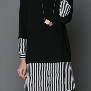 Asymmetrical Long Sleeve Stripes Crew Neck Casual Midi Dress