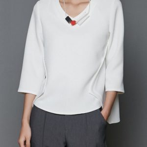 Asymmetrical V Neck 3/4 Sleeve Simple T-Shirt