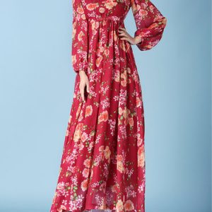 Backless Balloon Sleeve Folds Chiffon Vintage Floral Print Swing Maxi Dress