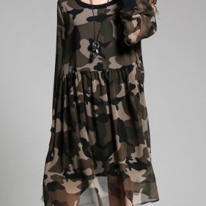 Balloon Sleeve Camouflage Printed Folds Midi Dress