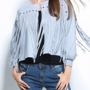 Balloon Sleeve Casual Fringed Solid Crew Neck Coat