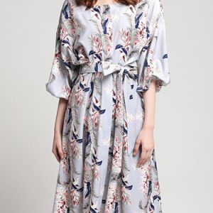 Balloon Sleeve Floral-print Chiffon Casual Crew Neck Midi Dress