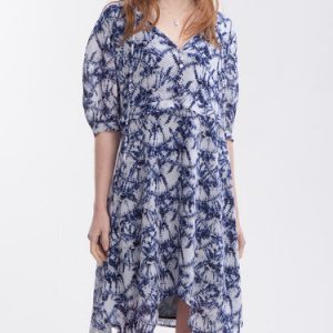 Balloon Sleeve Printed Asymmetrical Casual V Neck Holiday Dress