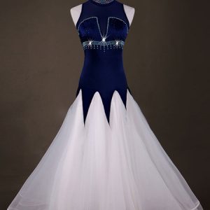 Ballroom Dance Costume Dresses Women Long Sleeve Organza Deep Blue Practice Dancing Costume