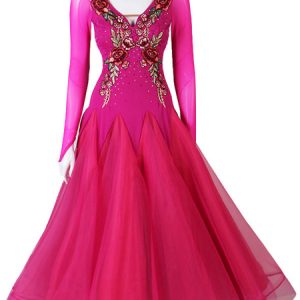 Ballroom Dance Costume Embroidered Ruffle Rose Red Women Dance Wear