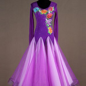 Ballroom Dance Costume Long Sleeve Women Organza Beaded Floral Dresses Halloween