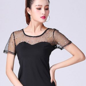 Ballroom Dance Costume Top Black Short Sleeve Illusion Beaded Training T Shirt Dancing Clothes