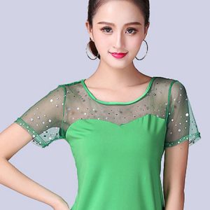 Ballroom Dance Costume Top Black Short Sleeve Illusion Beaded Training T Shirt Dancing Clothes