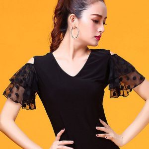 Ballroom Dance Costume Top Black Women Bell Sleeve Training T Shirt Dancing Clothes