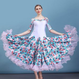 Ballroom Dance Costume White Floral Print Half Sleeve Women Training Dancing Dresses