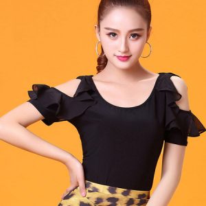 Ballroom Dance Costume Women Top Black Cold Shoulder Ruffles Practice Dancing Clothes