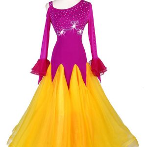 Ballroom Dance Costumes Rhinestone Ruffle Dress Rose Women Dance Wear