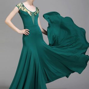 Ballroom Dance Costumes Silk Florla Print V Neck Dark Green Dancer Dress Dance Wear