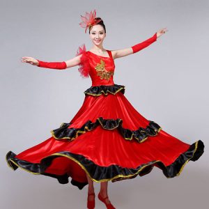 Ballroom Dance Dress Costume Red And Black Asymmetrical Flamenco Performance Costume Halloween