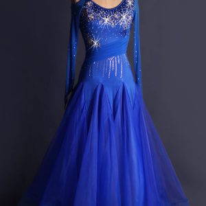 Ballroom Dance Dress Organza Royal Blue Scoop Neck Long Sleee Bodycon Cut Out Pleatred Flare Swing Ballroom Dancing Costume