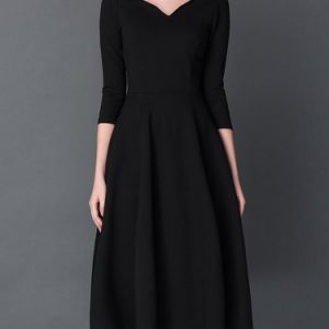 Bateau/boat Neck Casual Spandex 3/4 Sleeve Pleated Midi Dress