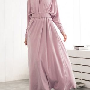 Batwing Cotton-blend Simple Crew Neck Swing Wrap Dress with Belt