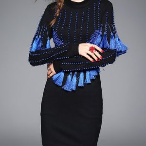 Beaded Fringed Long Sleeve Elegant Solid Mini Dress