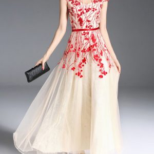 Beaded Sleeveless Embroidered Elegant A-line Maxi Dress