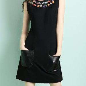 Beaded Sleeveless Pockets Cotton-blend Mini Dress