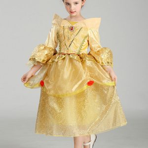 Beauty And The Beast Disney Princess Bell Halloween Kids' Costume Tulle Golden Dress Halloween