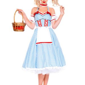 Beer Girl Costume Vichy Plaid Bow 4 Pieces Baby Blue Oktoberfest Costumes Halloween