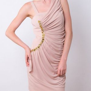 Beige Beaded Asymmetrical Shoulder Ruched Party Dress