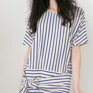 Beige Bow Crew Neck Statement Stripes Tunic