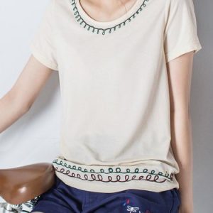 Beige Casual Cotton Crew Neck T-Shirt