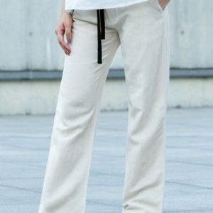 Beige Casual Linen Plain Wide Leg Pants