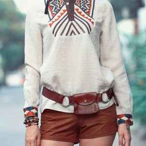 Beige Embroidered Casual Long Sleeved Top