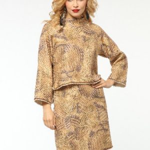 Beige Hand Made Stand Collar Two Piece Long Sleeve Ratine Mini Dress