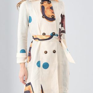 Beige Long Sleeve Cotton-blend Printed Trench Coat