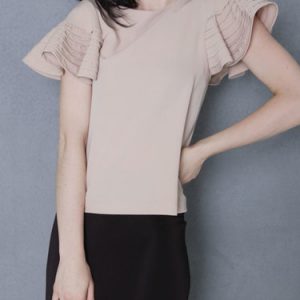 Beige Plain Frill Sleeve Short Sleeved Top