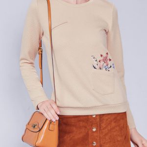 Beige Plain Ribbed Casual Long Sleeved Top