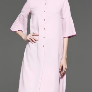 Bell Sleeve Pleated Solid Girly Buttoned Midi Dress