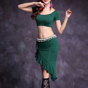 Belly Dance Costume Mint Green Crop Top With Ruffles Pearls Asymmetrical Skirt For Women