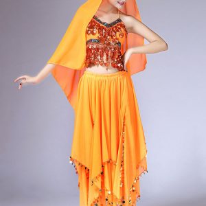 Belly Dance Costume Outfit Women Chiffon Skirt Top And Veil Bollywood Dancing Wear