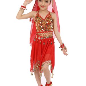 Belly Dance Costumes Kids Chiffon Red Sleeveless Indian Bollywood Dancing Dresses