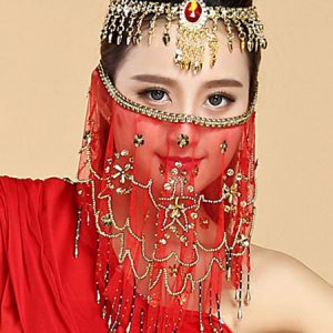 Belly Dance Face Veil Red Voile Flowes Tassels Women's Belly Dancing Costume Accessories