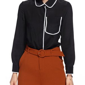 Binding Shirt Collar Color Block Silk Casual Blouse