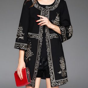 Black 3/4 Sleeve A-line Embroidered Coat