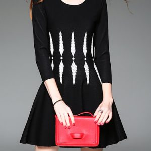 Black 3/4 Sleeve Crew Neck Knitted Jacquard Mini Dress