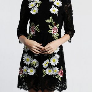 Black 3/4 Sleeve Embroidered Lace Mini Dress